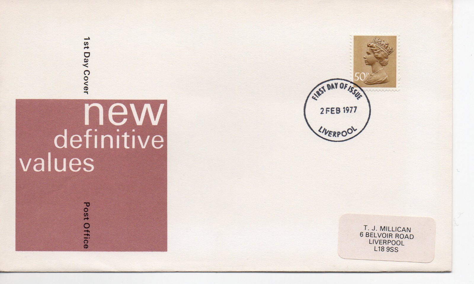 GB - First Day Cover (C 1 ) 1977 Machin - 1 value to 50p - pmk. Liverpool