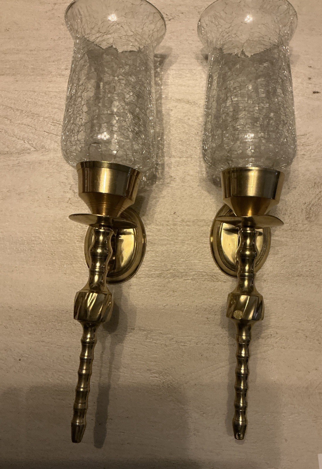 2 Decorative Wall Sconces Flat Mount Cracked Glass Brass Style Lighting