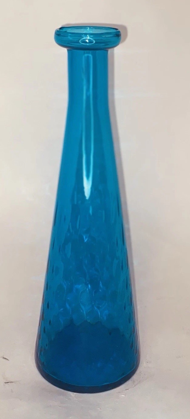 Mid Century Empoli Pyramid Decanter Vase Turquoise Blue Waves 11in