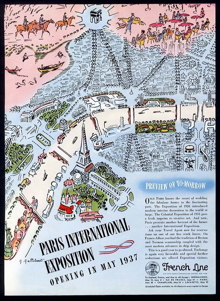 PARIS FRANCE 1937 French Line Travel Ad INTERNATIONAL EXPOSITION by G. Gallibert