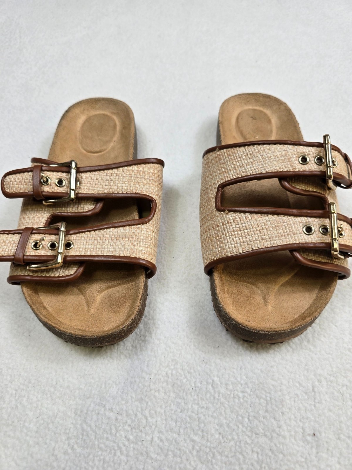 Crewcuts Girls Size 13 Beige & Brown Woven Double Buckle Sandals Slides