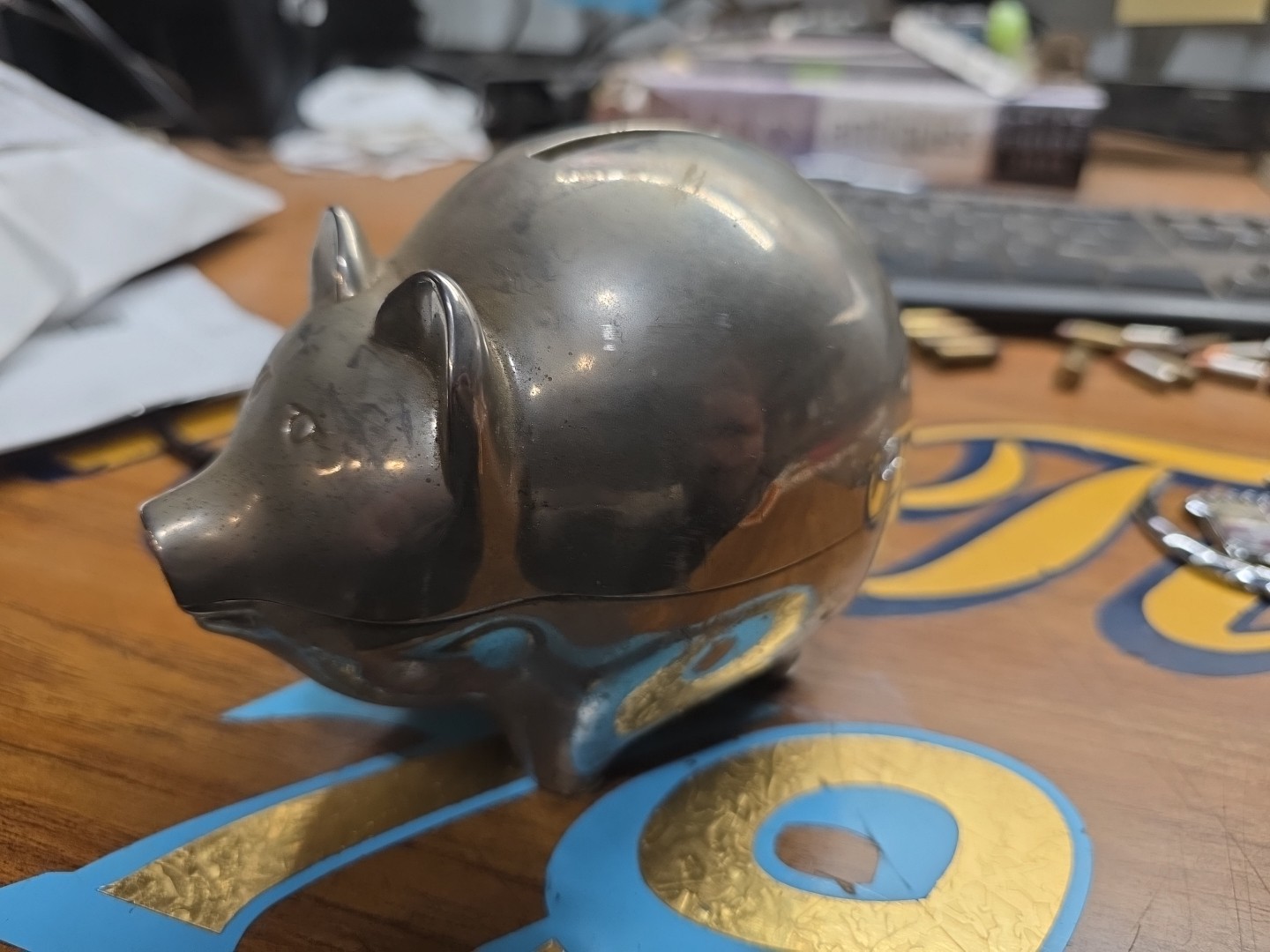 Metal Piggy Bank Coin silver Tone Vtg