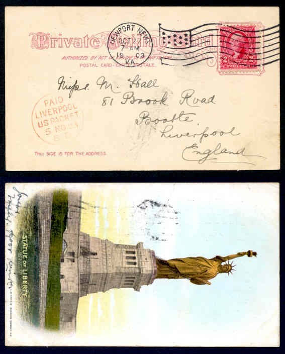 USA STATUE OF LIBERTY 1903 PPC TO UK