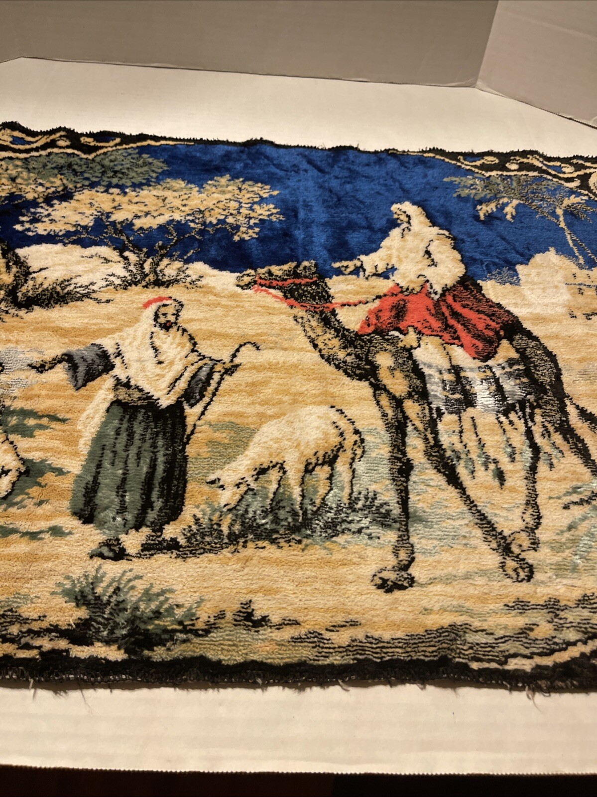 Vtg Religious Tapestry Camel Shepherd Sheep Desert Scene 40x19 Fringe 1960/70s