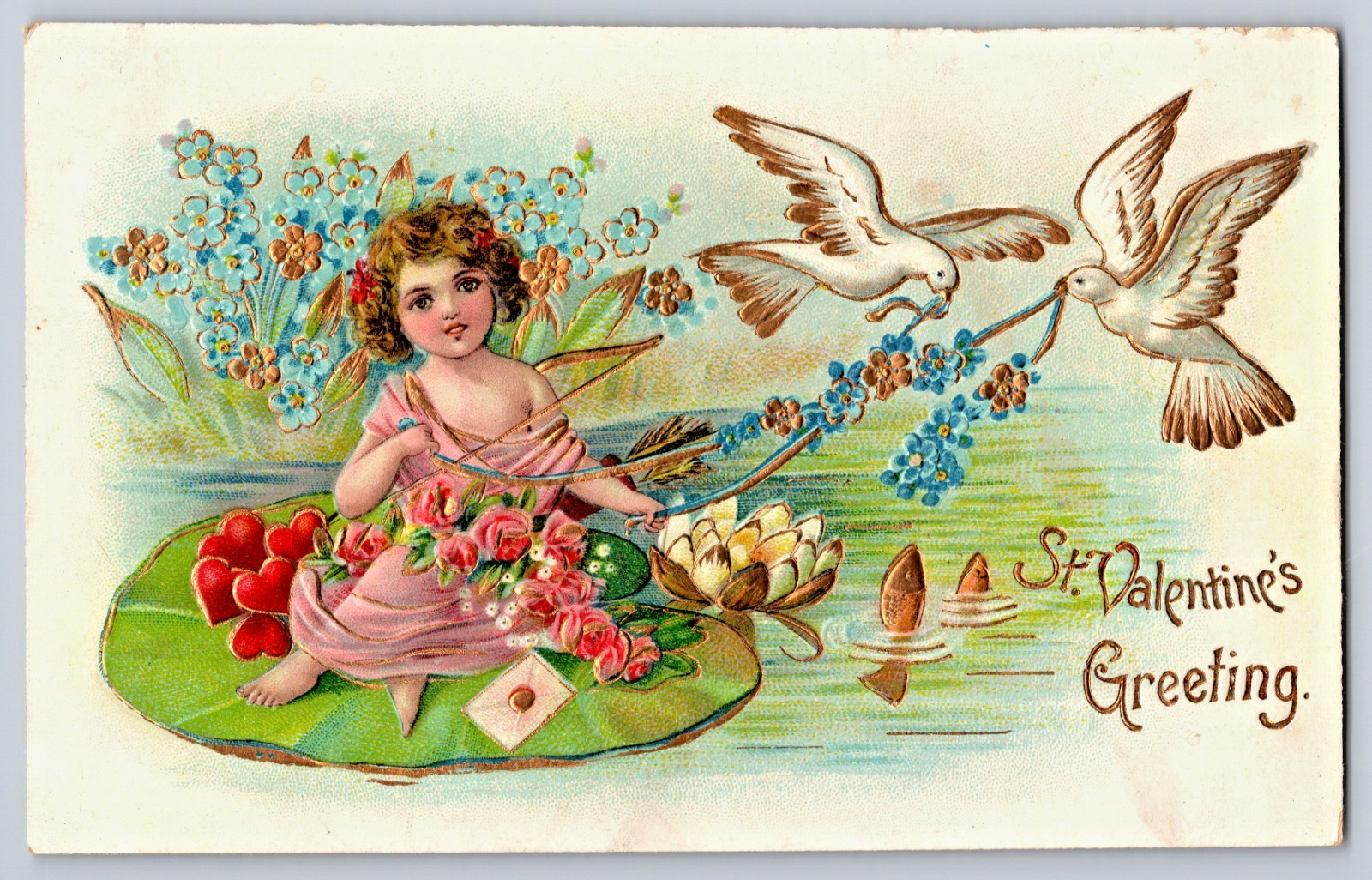 St Valentine's Cupid On Lilypad Doves Gold Gilt Embossed 1910s Postcard