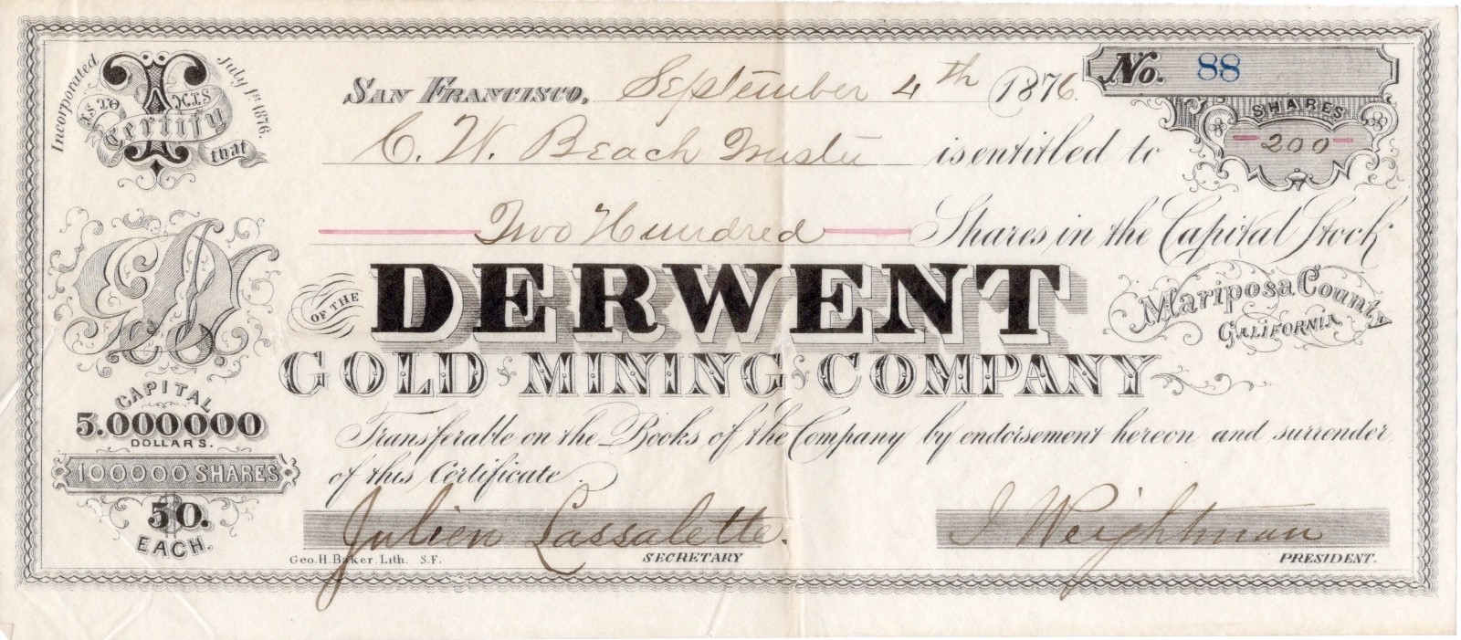 Derwent Gold Mining Co., 1876 - Mariposa County, California - stock scheme?