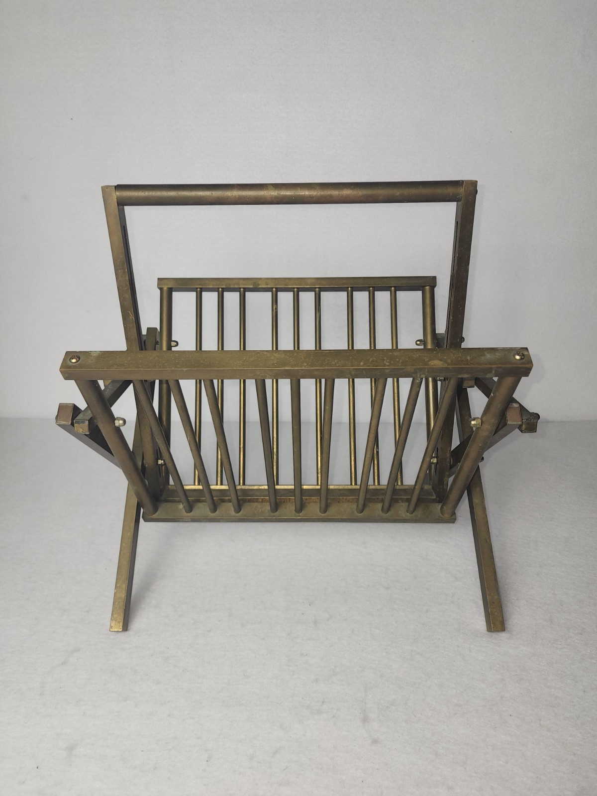 Vintage Solid Brass Folding Magazine Record Rack Holder MCM