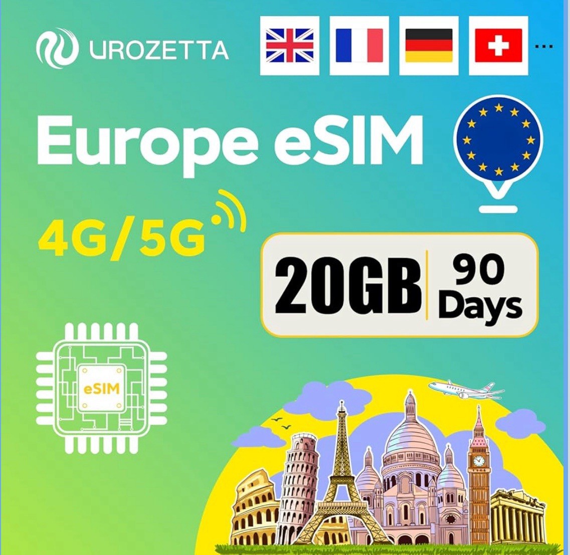 Europe eSIM Card 20GB 90 Days - 4G LTE High-Speed Network, Prepaid eSIM for 32