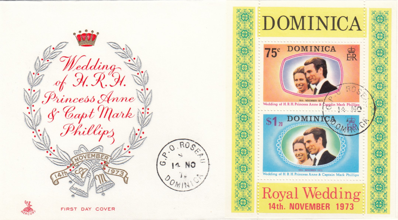 Princess Anne Wedding minisheet Dominica FDC 1973 (17839)