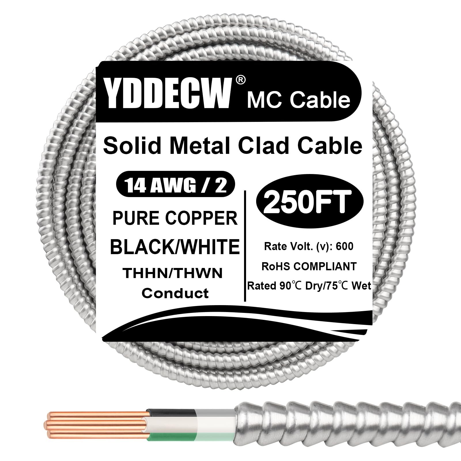 250ft 14/2 MC Cable w/Ground 14 Gauge Aluminum Armor Copper Conductors
