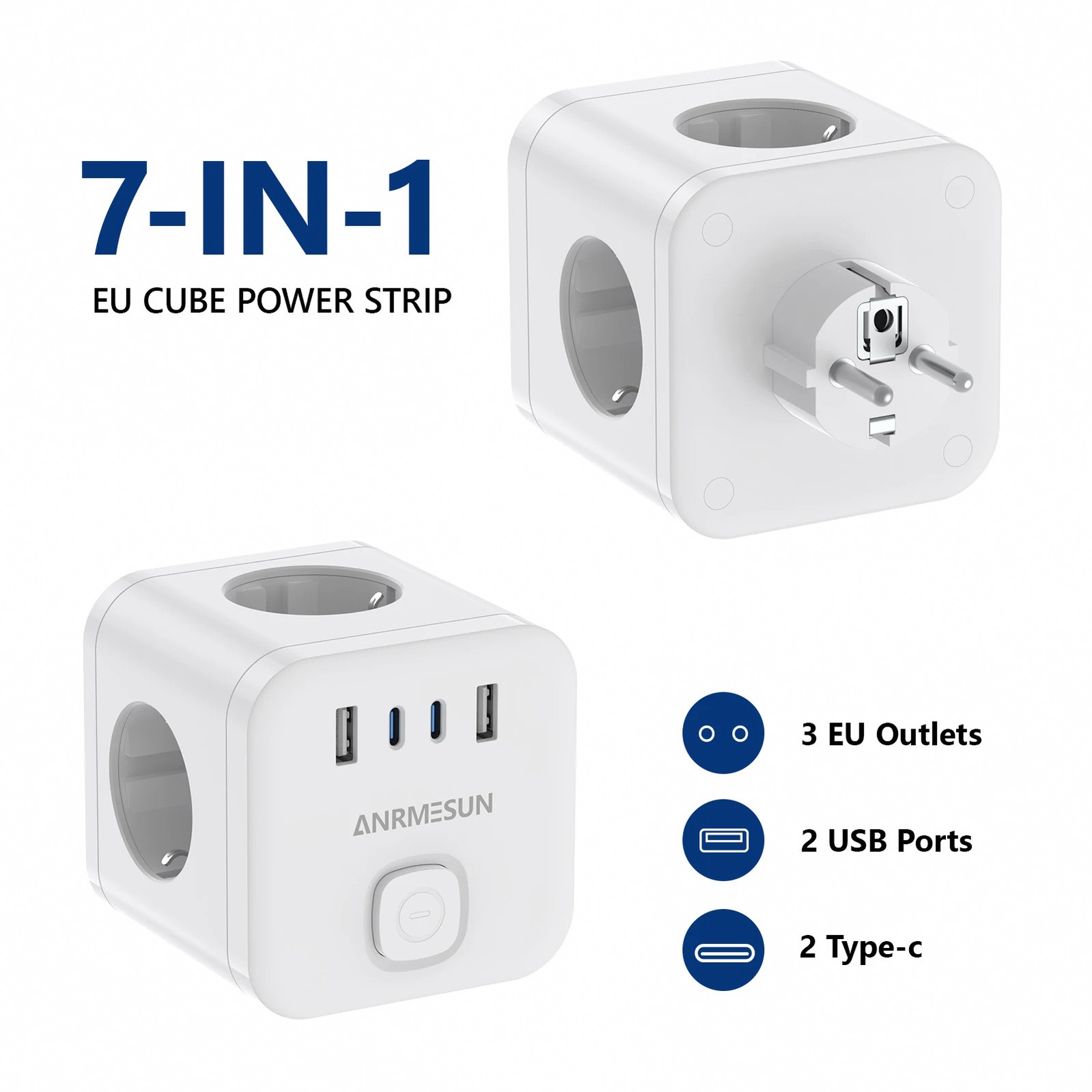 Wall Socket Extender with Switch 3 Outlets 2 USB A and 2 Type C Port Portable