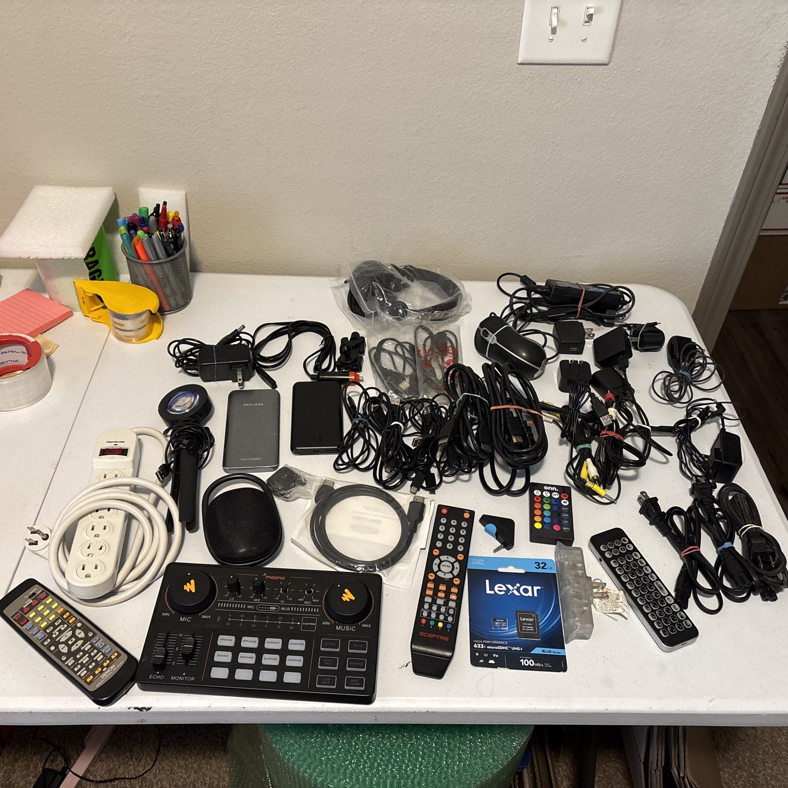 Junk Drawer Lot: Electronics Computer Mouse Headphones Cords Remotes