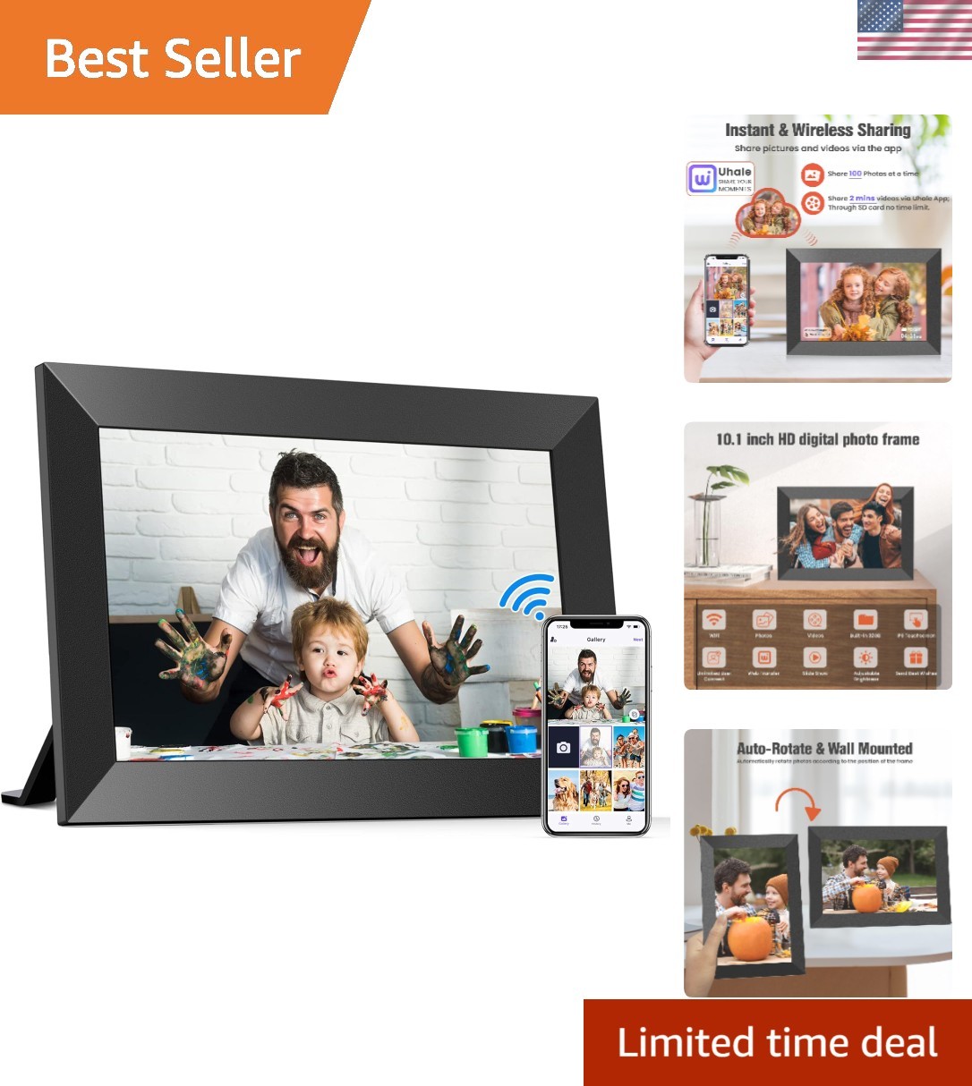 10.1 Inch WiFi Digital Picture Frame, IPS HD Touch Screen Cloud Smart Photo F...
