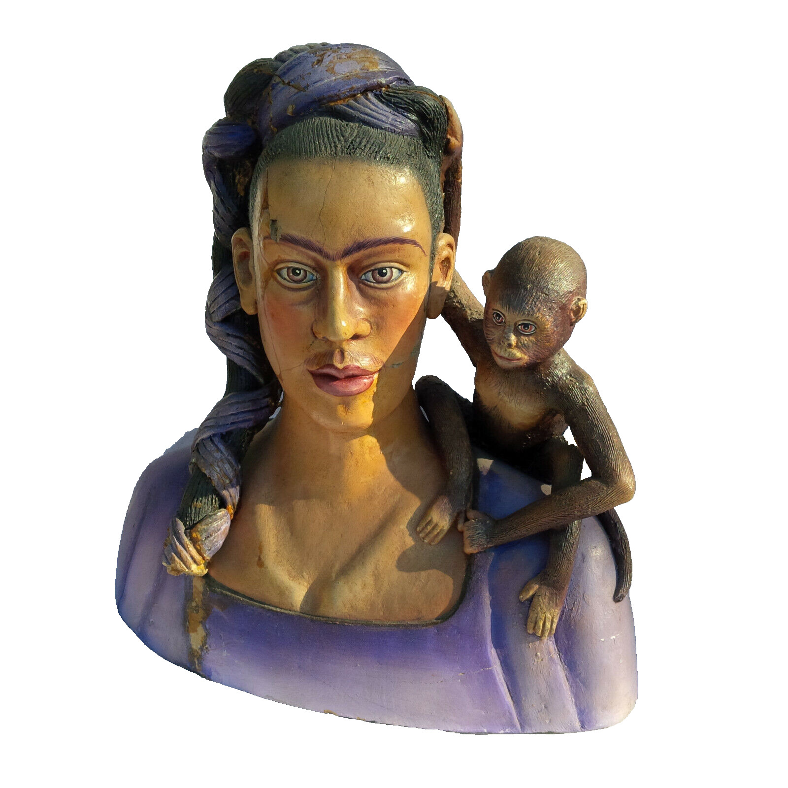 Frida Kahlo & Monkey Homage Sculpture Signed Buenrrostro Jalisco Mexico Damaged
