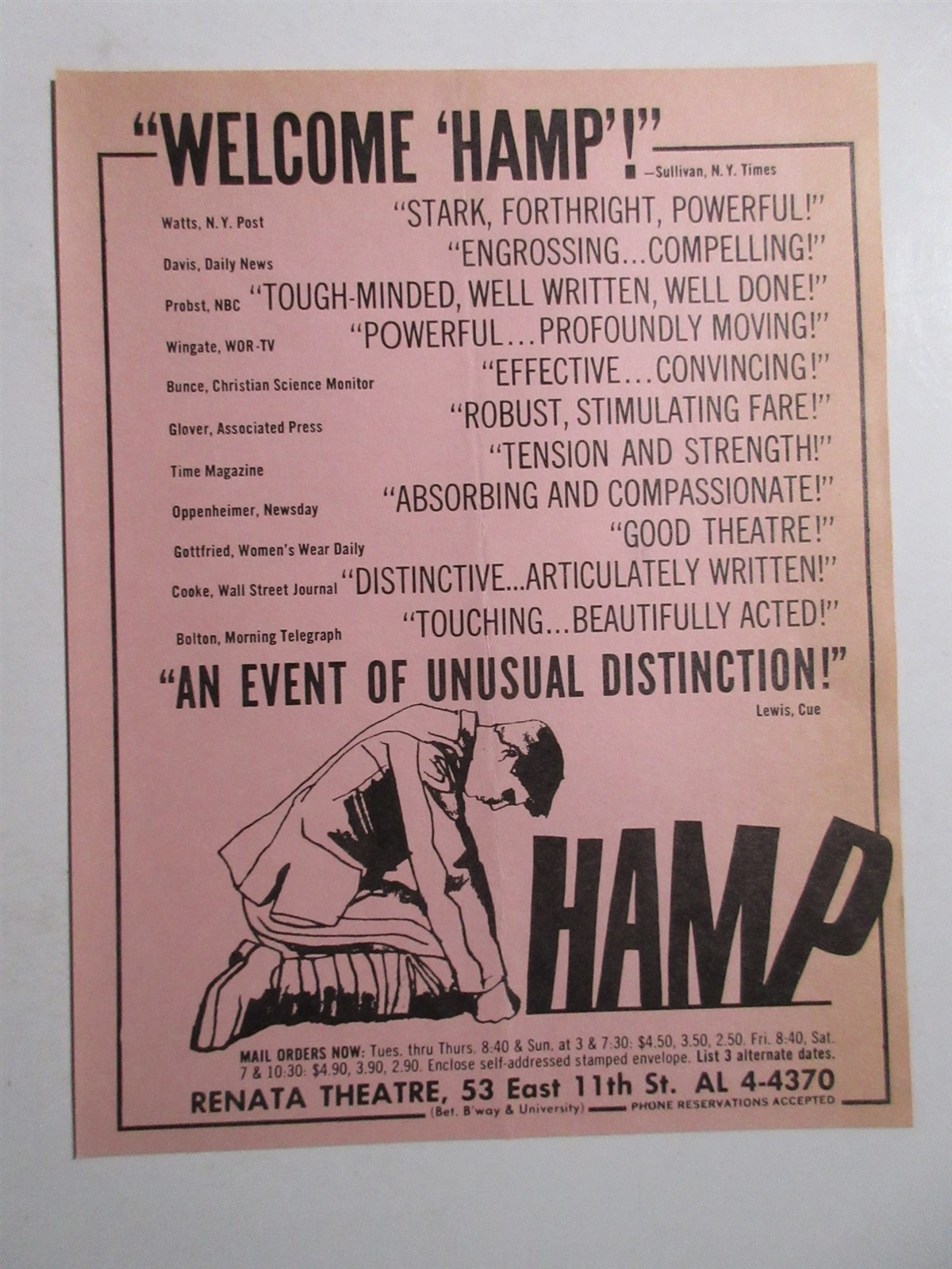 1960's New York City Broadway Play flyer HAMP - Renata Theatre