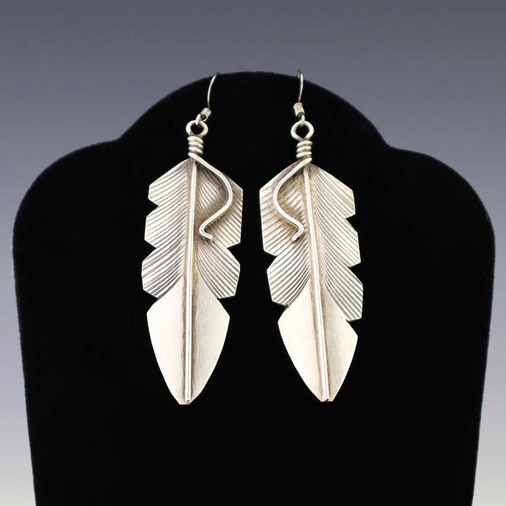NATIVE AMERICAN NAVAJO STERLING SILVER FEATHER EARRINGS BY CHRIS CHARLEY