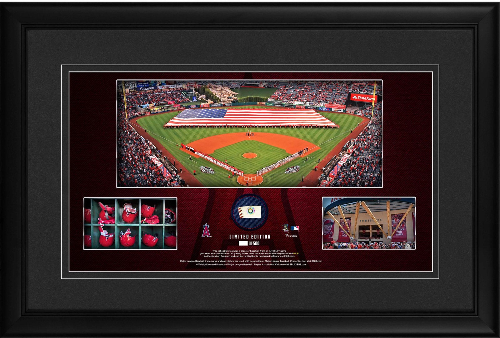 Los Angeles Angels Framed 10x18 Stadium Panoramic Collage & Piece of GU Baseball