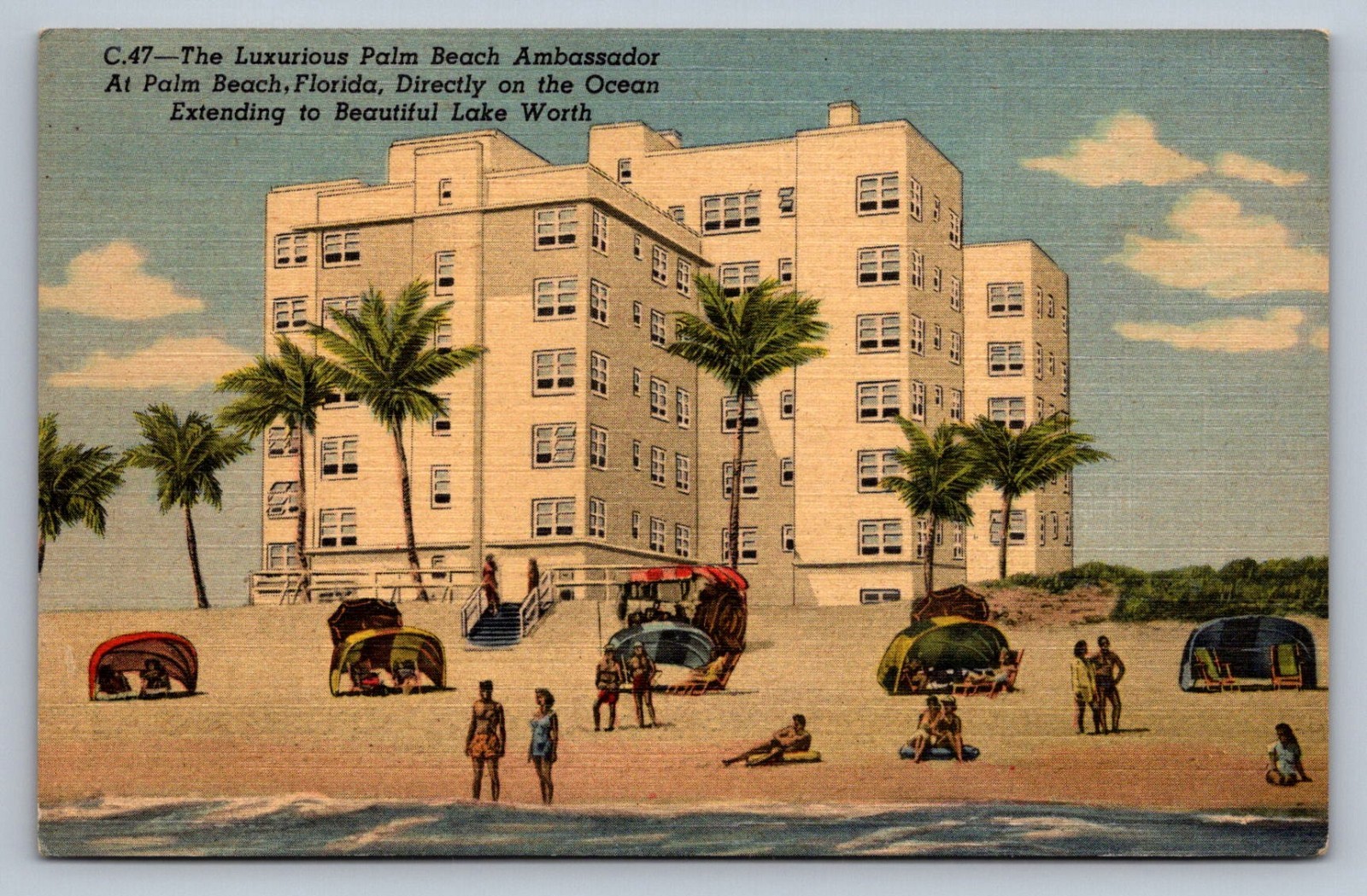 Postcard Florida Palm Beach Ambassador Hotel Exterior Beach Scene Linen N615