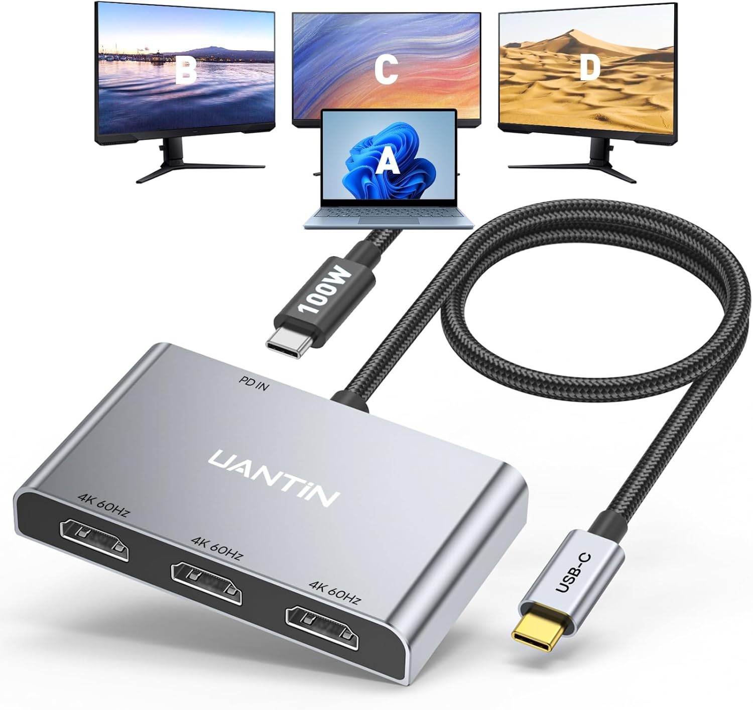 USB C to 3 HDMI Adapter 4K 60Hz Triple Monitor Hub PD 100W Splitter Dock