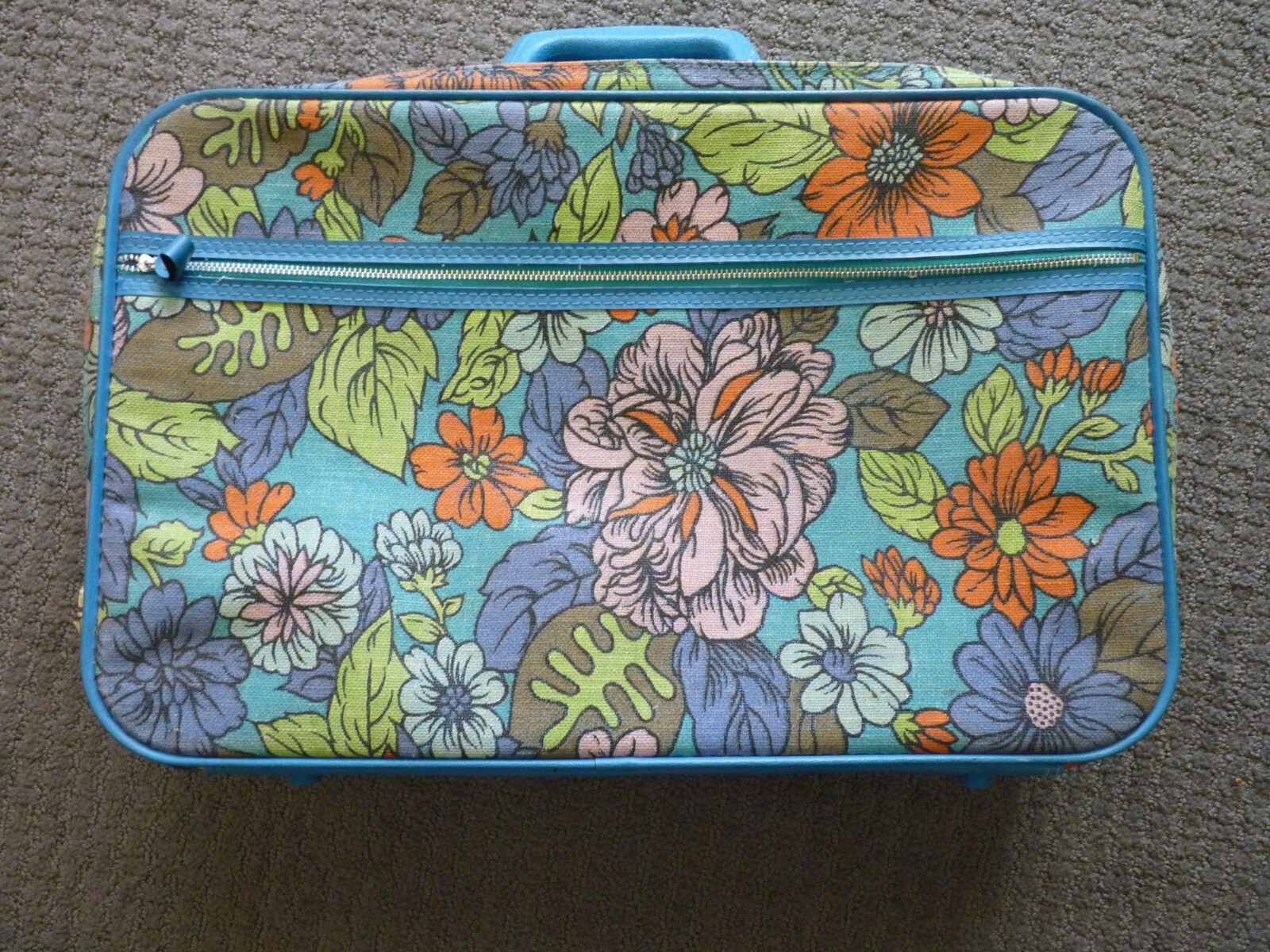Vtg Peter's Bags Flower Power Floral Suitcase Luggage Canvas Carry On Turquoise