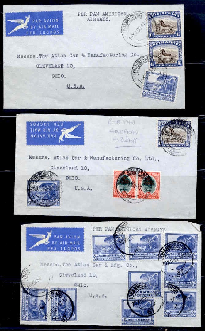 SO AFRICA 1950 3 AIRMAIL CVRS TO USA