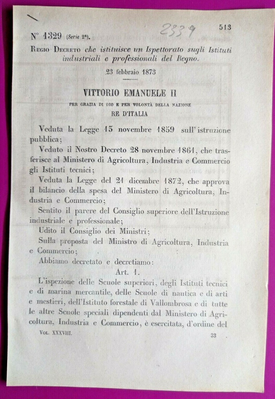 KINGDOM-ROYAL DECREE ESTABLISHES INSPECTORATE INDUSTRIAL INSTITUTES/PROFESSION.-2339