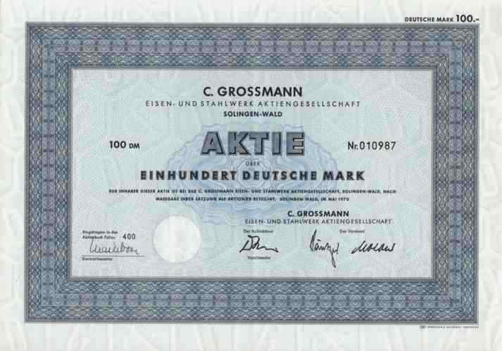 C. Grossmann Steelworks May 1970 Solingen Wald Wuppertal Remscheid 100 DM Coupons