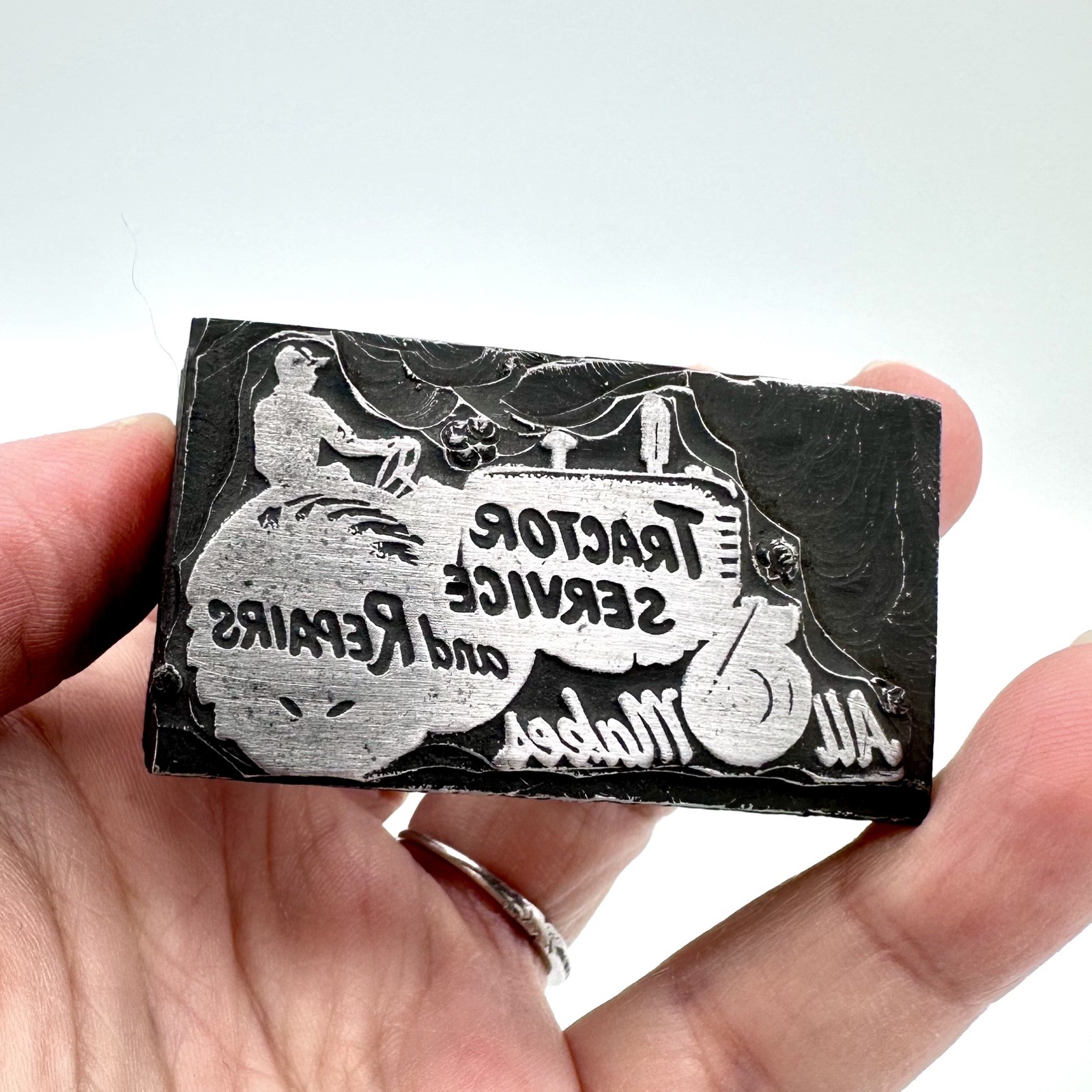 Vintage Newspaper Tractor Service Advertisement Letterpress Block  Metal on Wood