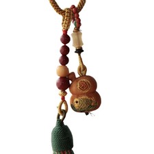 Peach Wood Handcarved Koi Gourd Keychain Buddha Bead Amulet Auspicious Pendant