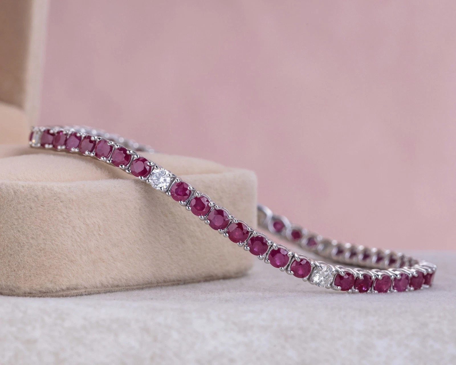 8.40 Ct Red Ruby Round Shape & Diamond 14K White Gold Over Tennis 7.25" Bracelet