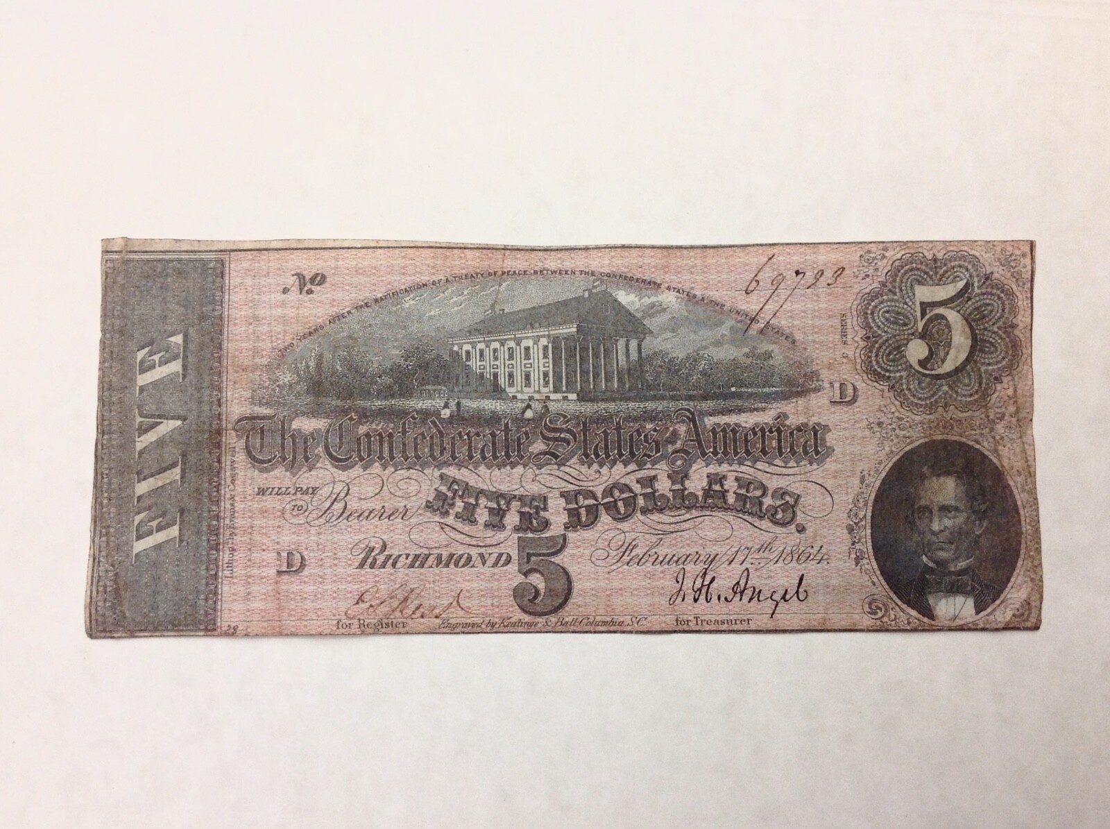 ~1864 Confederate States of America $5 Five Dollars - Civil War Note