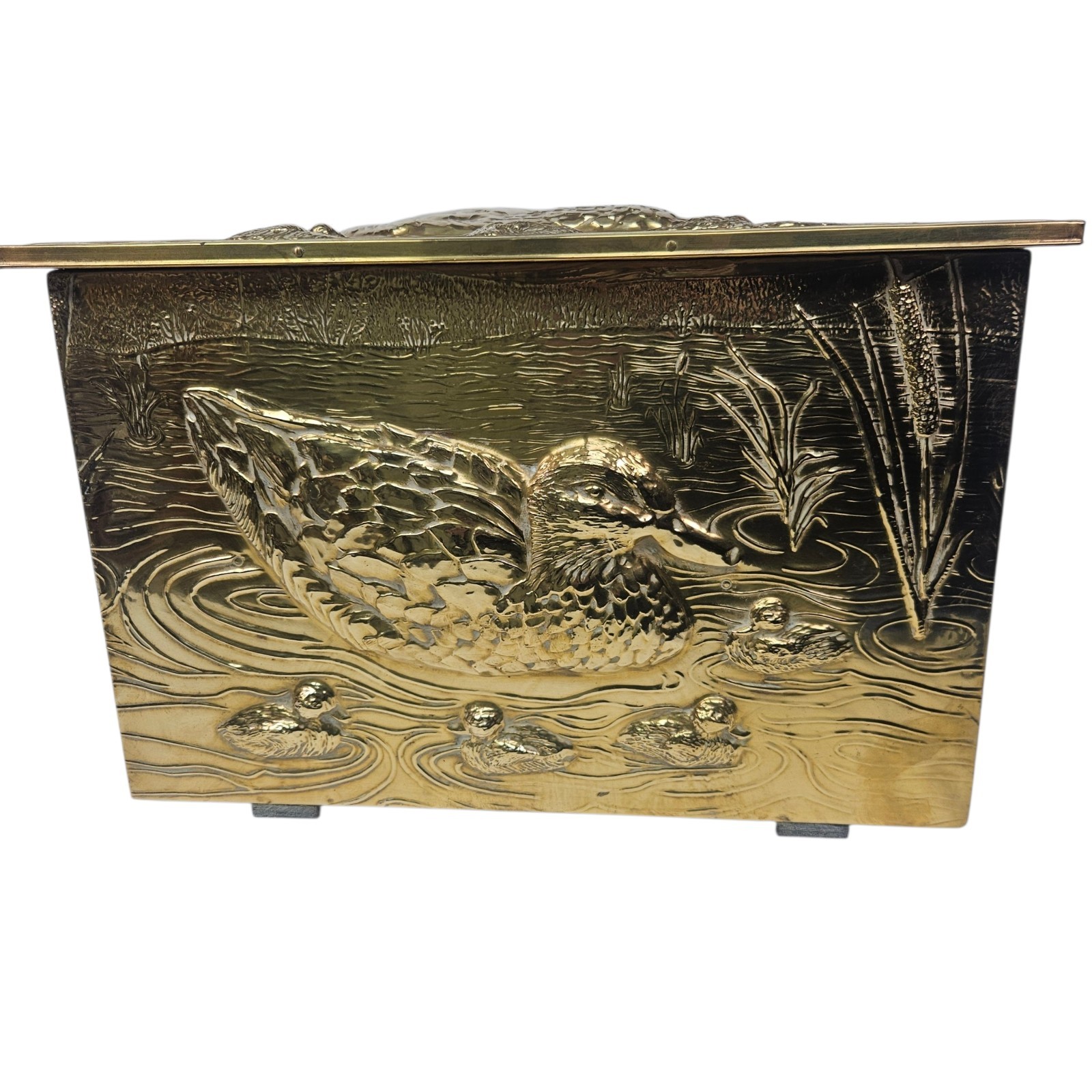 Brass Fireside Coal Or Wood Box  Hammered Brass Vintage Ducks Design 11.5"x17"