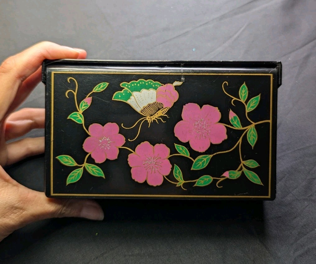 Vintage Asian Black Lacquer Butterfly Floral Jewelry Box Pull Out Mirror 6x3.5"