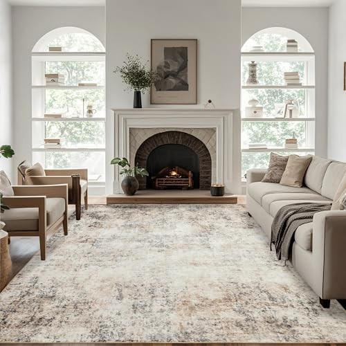 Washable 8x10 Area Rug: Neutral Rugs for Living Room Dining Room Bedroom 