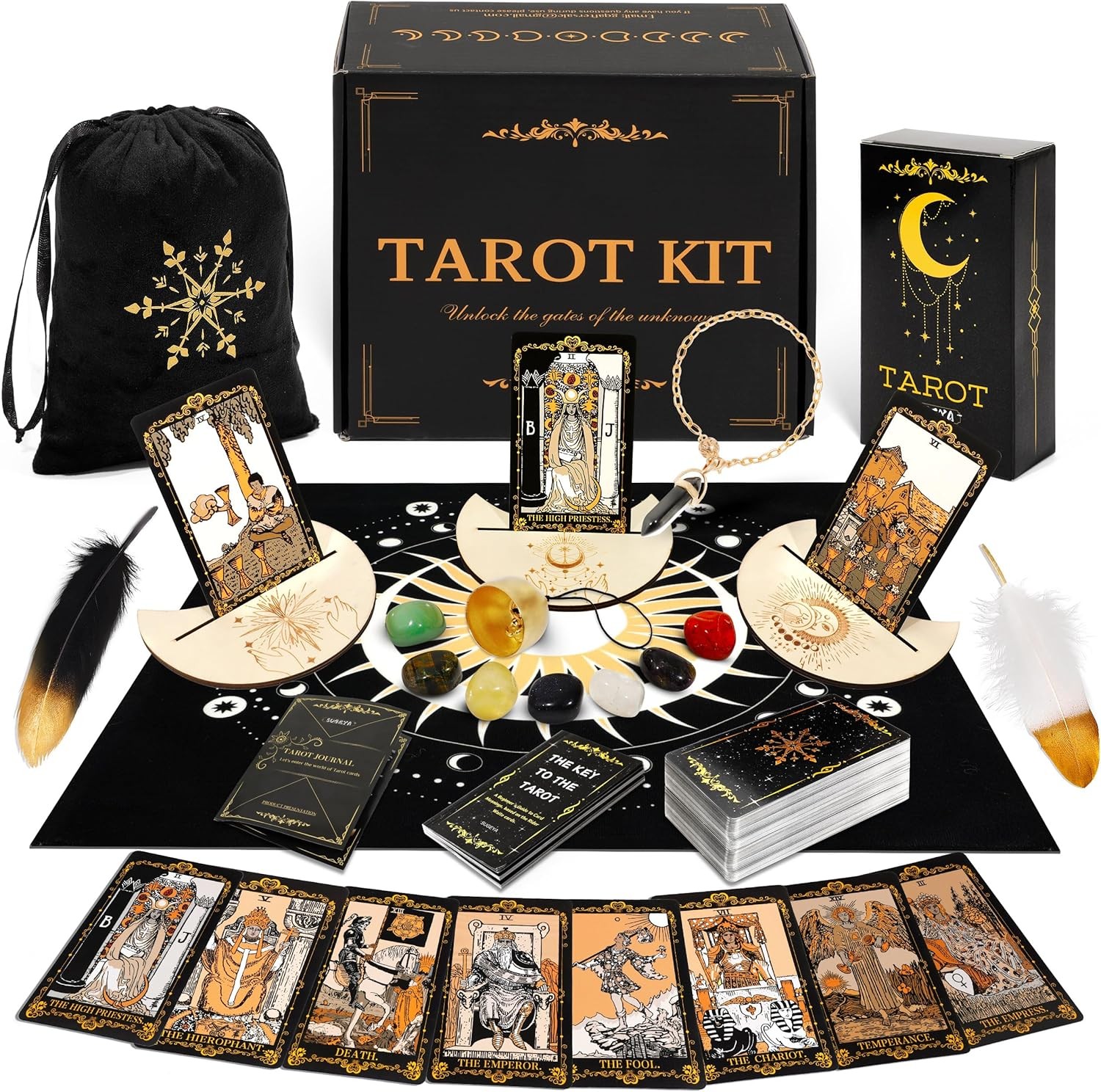 Tarot Cards with Guide Book, 78 Black Tarot Deck Set with Table Cloth, Chakra St