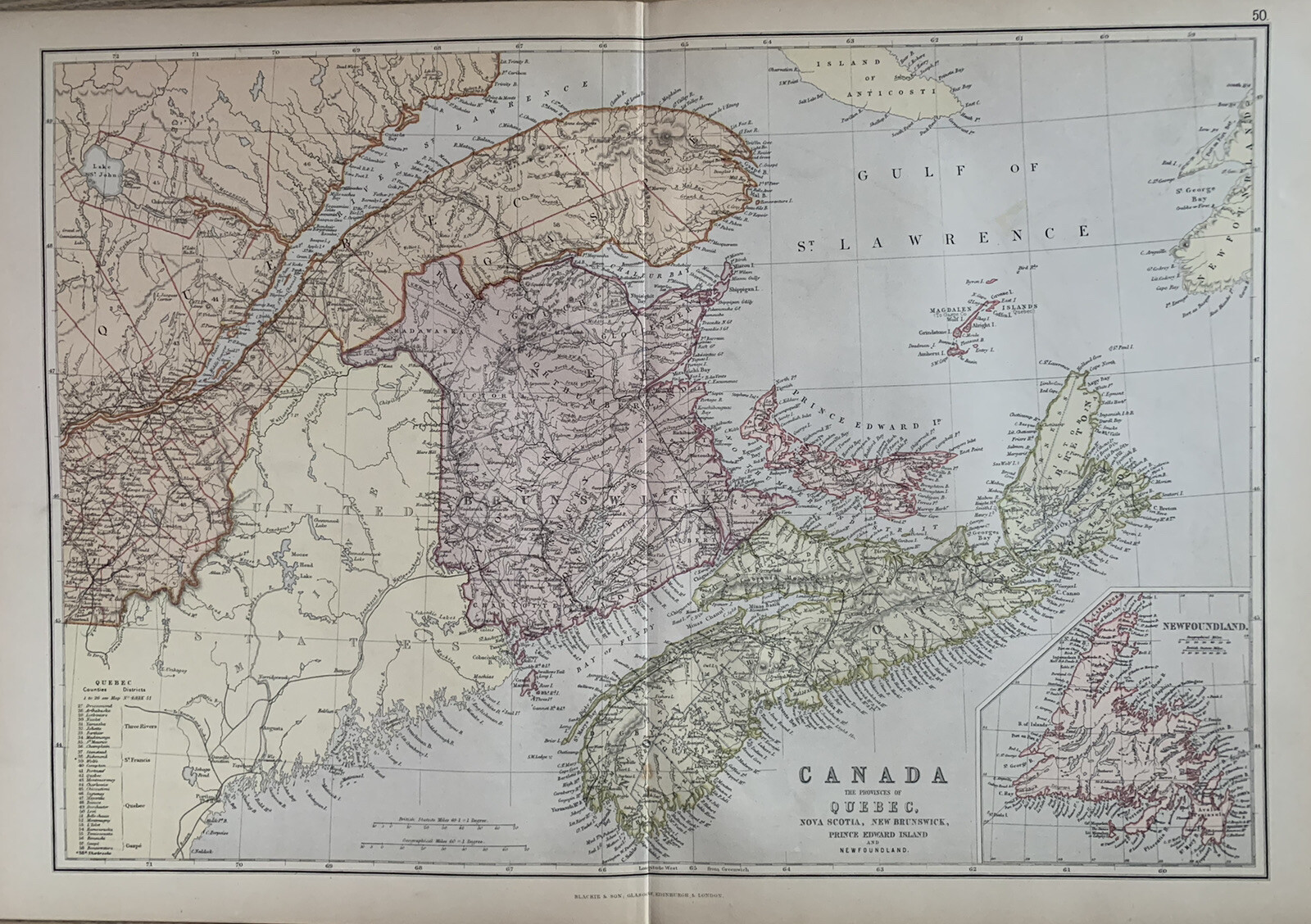 1882 Eastern Canada Original Antique Map by Edward Weller