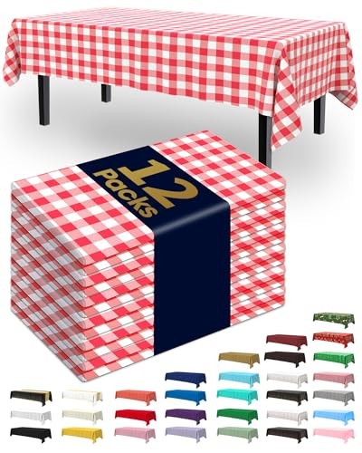  Plastic Table Cloth Disposable 12 Pack, 54 x 54" X 108" - 12 Packs Red Plaid