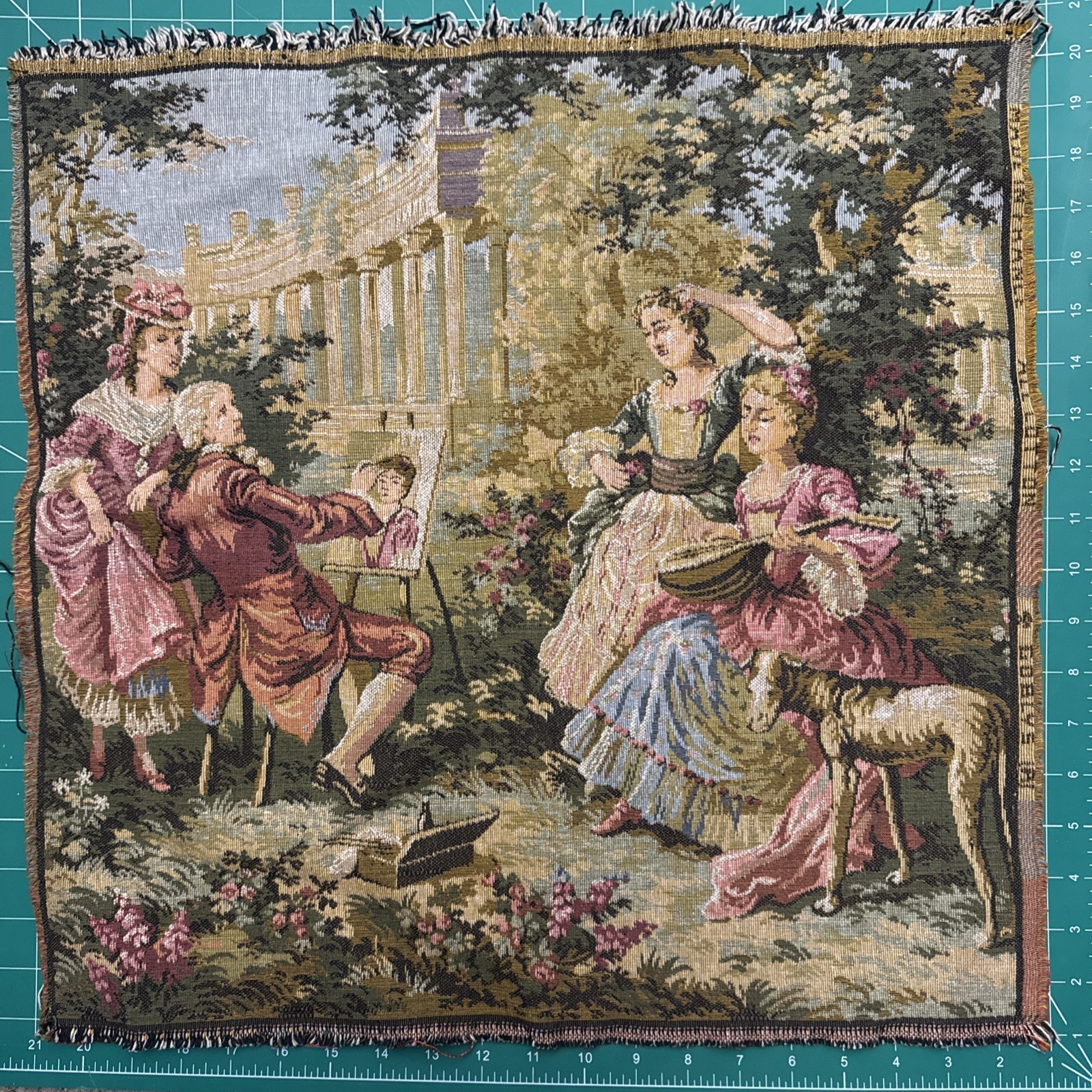 VTG French Style Tapestry Wall Art Decor Artist Painting Courtyard Scene 20”