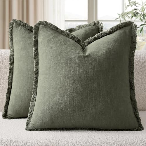  Linen Fringe Throw Pillow Covers Set 18" x 18" (Pack of 2) Light Olive Green