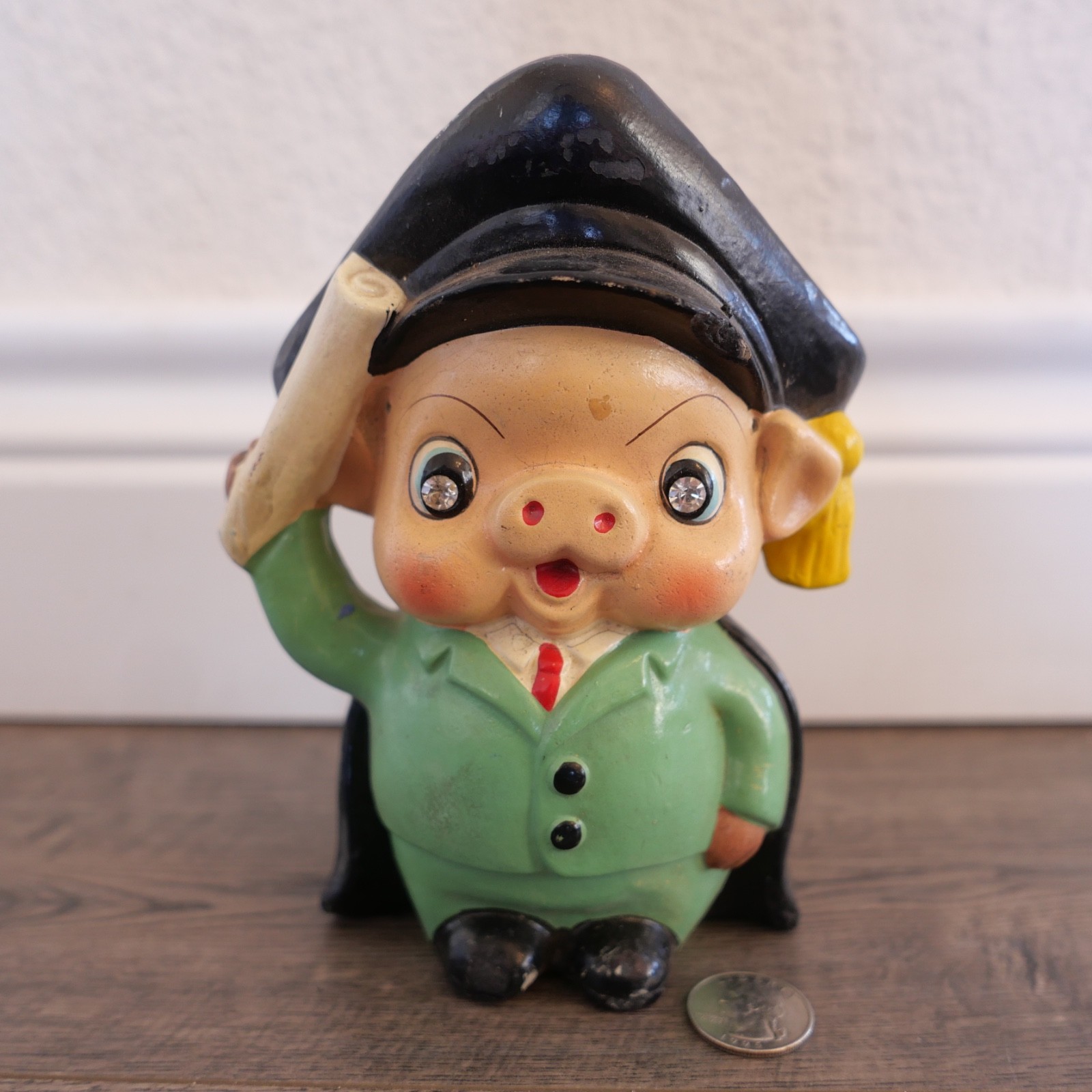 Vintage 1960's Ceramic Pig Graduation Graduate Piggy Bank Rhinestone Eyes Ucagco