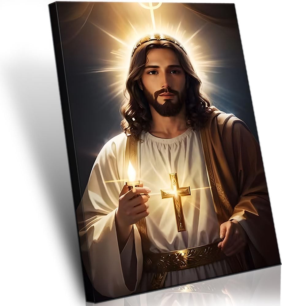 Framed Catholic Jesus Lights Candles Wall Art God Print on Canvas Jesus Paint...