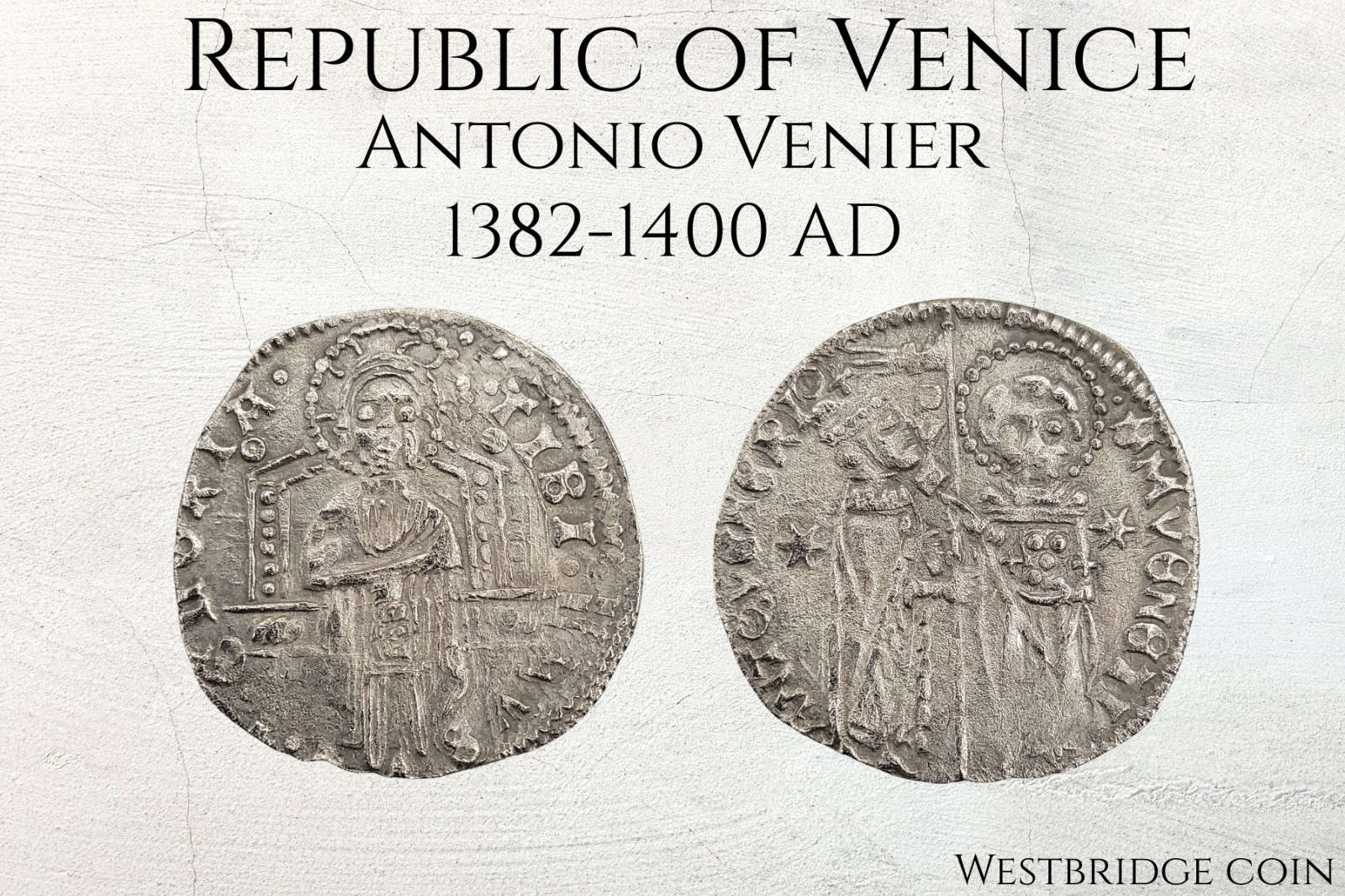 Republic of Venice Silver Grosso 1382-1400 AD - Christ Portrait, Doge & St. Mark