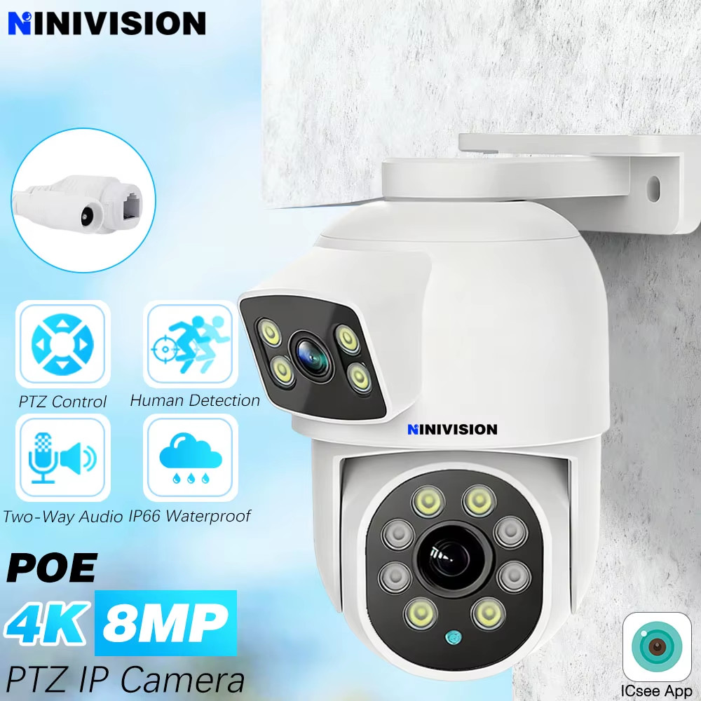 Icsee 8MP Dual Lens Dome PTZ Camera WIFI+POE IP Rj45 Network Security Monitoring