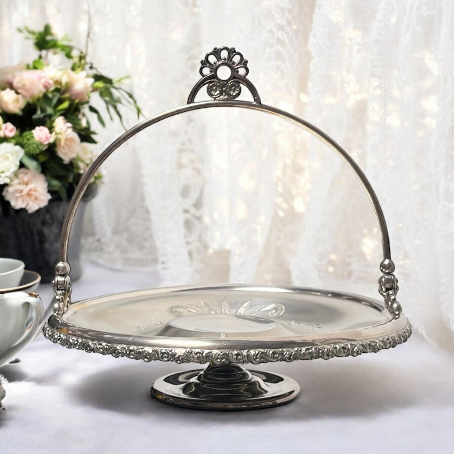 Antique Victorian American Silver Co. Silverplate Cake Basket Server Floral 12"