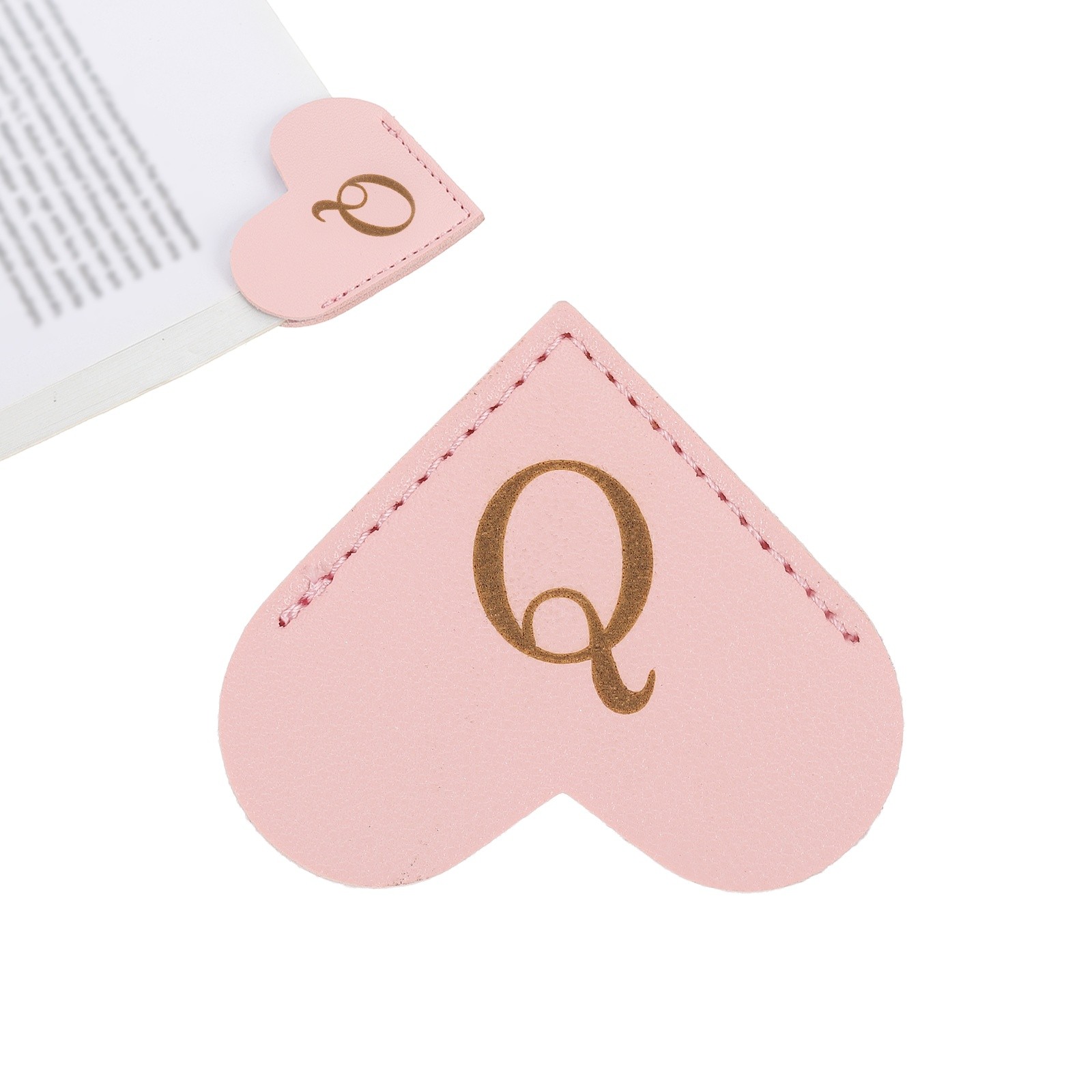 Initial Q Corner Bookmarks,  Heart Shape Leather Book Marks Markers, Pink