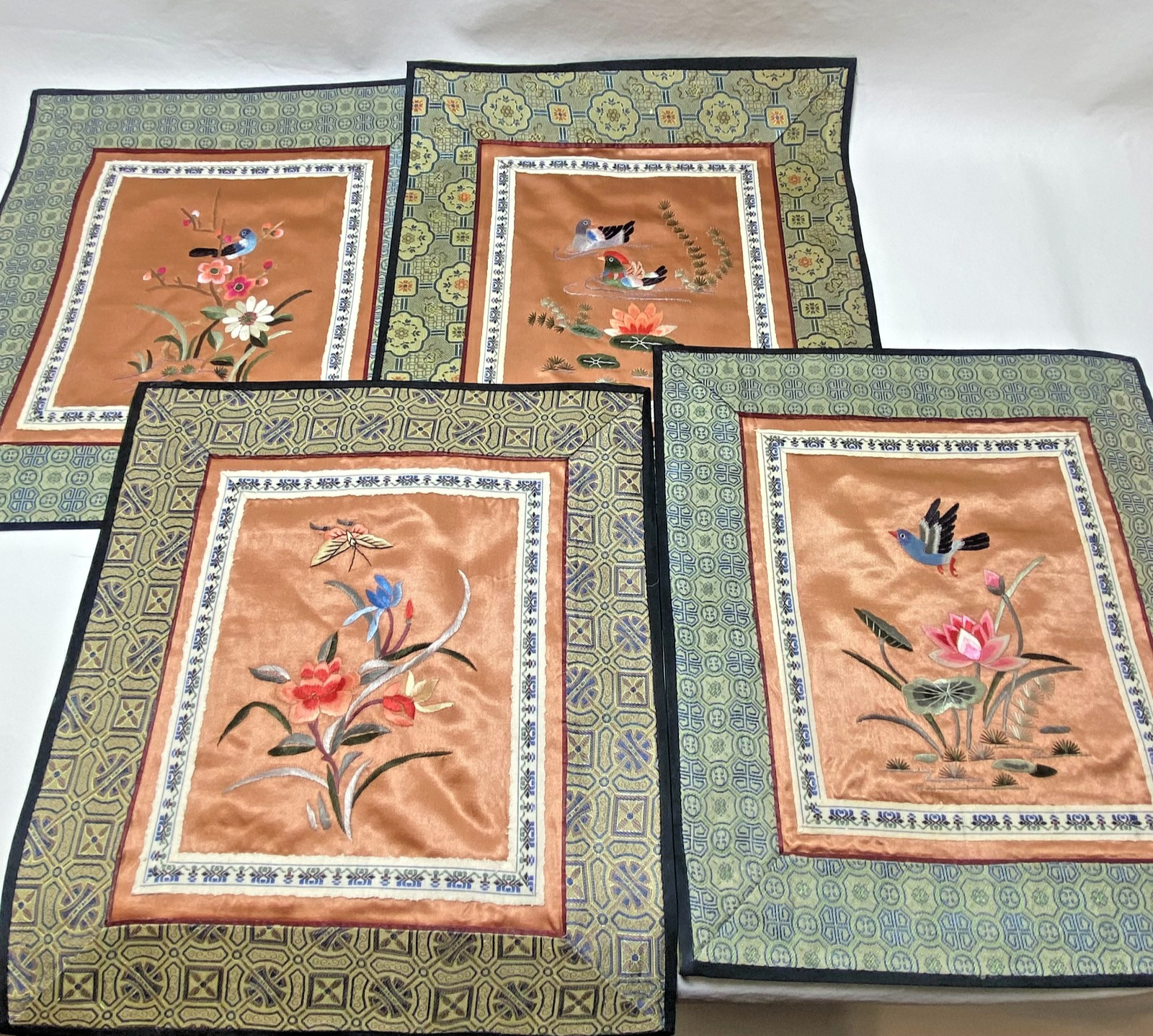 4 VTG Chinese Silk Panel Hand Embroidered Textile Bird Butterfly 1970s Signed