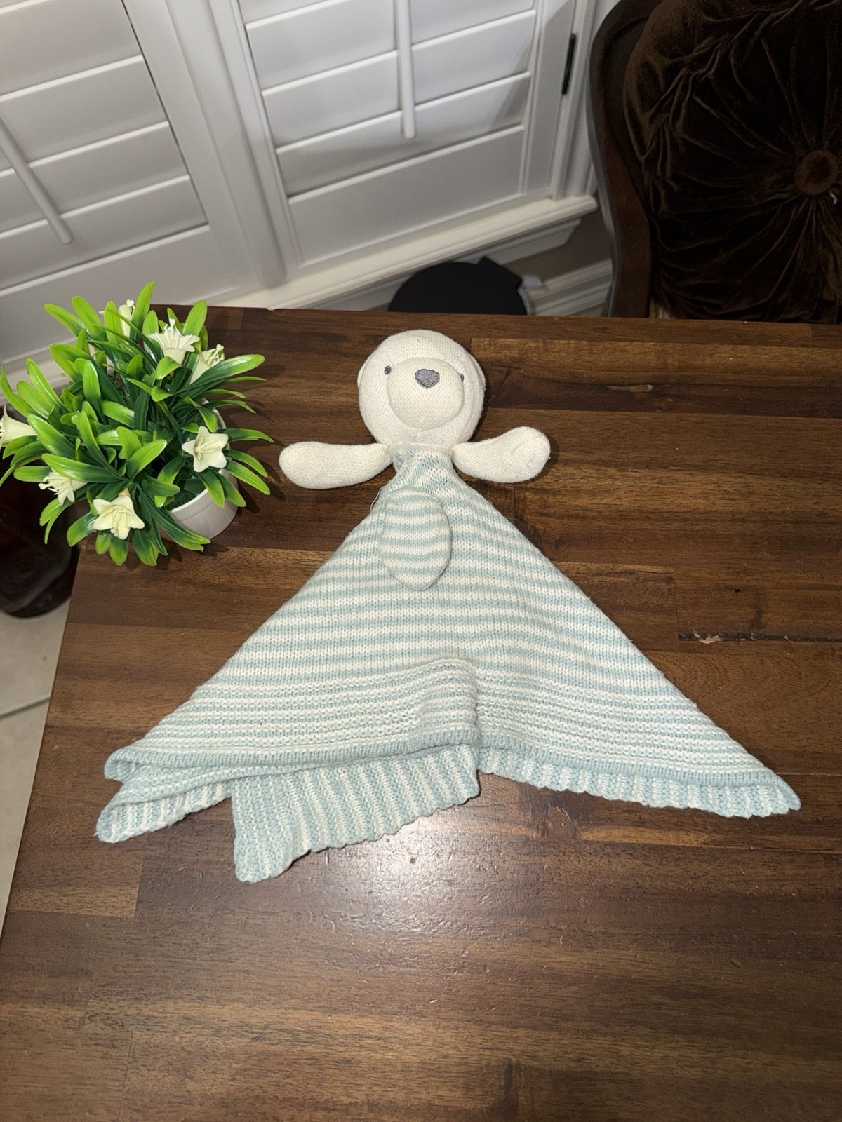 Carters White Bear Lovey Security Blanket blue White Striped Knit