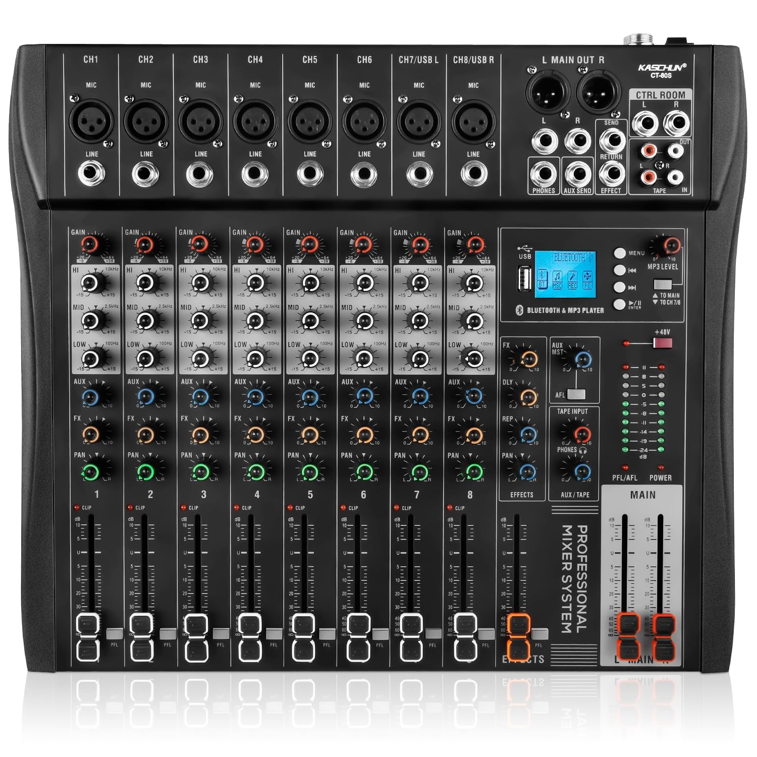 8 Channel Audio Mixer, Professional DJ Mixing Console with 48V Phantom Power,...