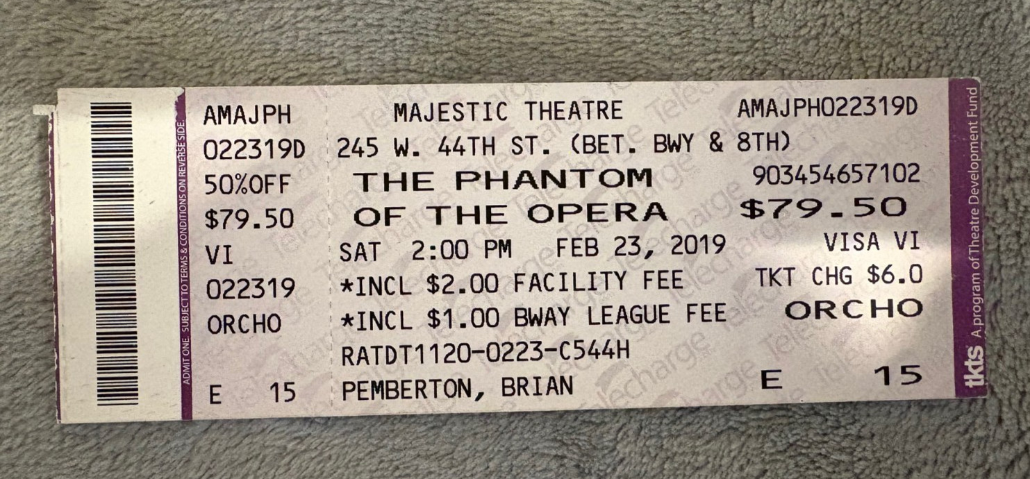 PHANTOM OF THE OPERA NEW YORK CITY BROADWAY TICKET Stub Majestic Theatre 2-23-19
