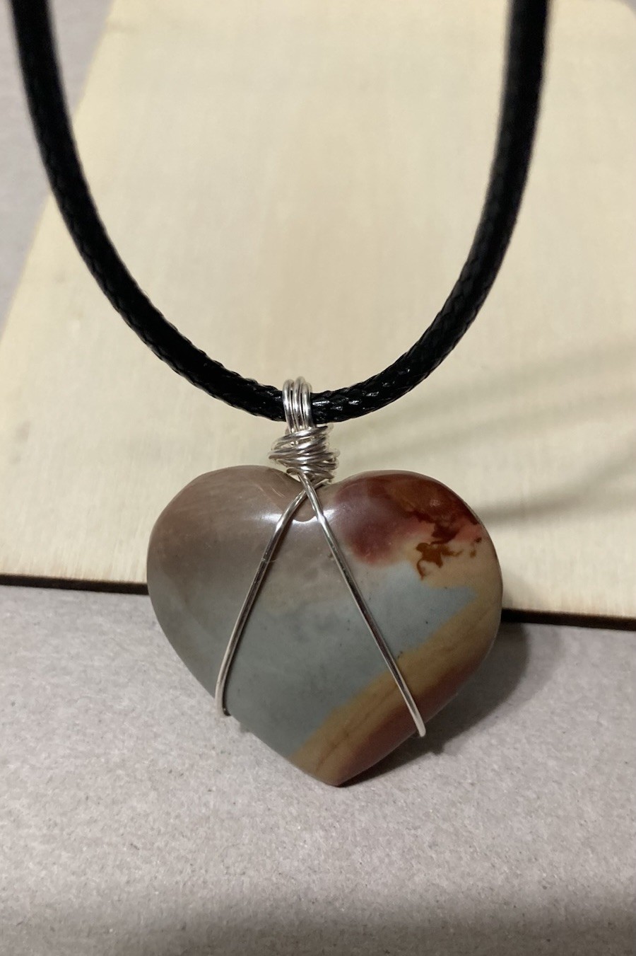 10G Polychrome Jasper Heart Silver Wire Wrap Red Gray Orange Pendant Necklace 18
